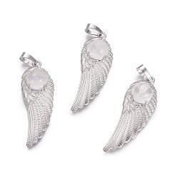 Хрусталь Природного кварца хрустальных подвесок, подвески из горного хрусталя, с латунной фурнитурой платинового цвета, крыло, 47x16x7.5 мм, отверстие : 7x5 мм