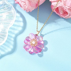 Фуксин Стекло ожерелья шкентеля, с бусинами из ракушек и 304 цепочкой из нержавеющей стали, ожерелье для женщин, цветок, фуксиново-красные, 17.68 дюйм (44.9 см)