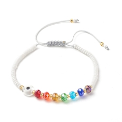 Белый Плоский круглый браслет лэмпворк с плетеными бусинами от сглаза, стеклянные бусины регулируемый браслет для женщин, белые, внутренний диаметр: 2-3/8~4-1/8 дюйм (5.9~10.4 см)