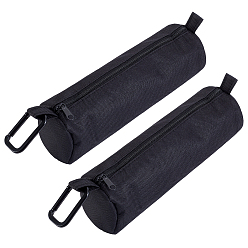 Black 2Pcs Rectangle Cloth Pen Case with Zipper, with 2Pcs Aluminum Spring Gate Rings, Black, 215x67x65mm