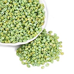Green Yellow Picasso Glass Seed Beads, Oval, 2-Hole, Green Yellow, 5~6x3~4x2~3mm, Hole: 0.9~1.2mm, about 6425pcs/pound