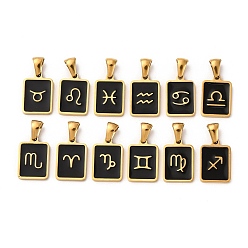 Черный 304 нержавеющей стальной эмали подвески, прямоугольник с двенадцати созвездий, золотые, чёрные, 15.5x10.5x1.5 мм, отверстие : 3x5.8 мм