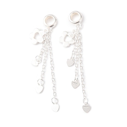 Серебро 925 подвески-подвески в форме цветка с кисточкой в форме сердца из стерлингового серебра в европейском стиле, Подвески с большими отверстиями, серебряные, 40.5 мм, отверстие : 3.8 мм