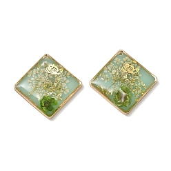 Green Plating Brass & Transparent Epoxy Resin & Dried Flower Pendants, Rhombus with Flower & Butterfly Pattern Charm, with Glitter Powder, Green, 25x24.5x6mm, Hole: 0.9mm