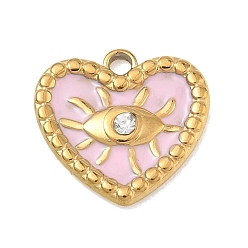 Золотой 304 нержавеющей стальной эмали подвески, сердце с оберегами от сглаза, со стразами, золотые, 14.5x15x3 мм, отверстие : 1.8 мм