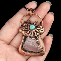 Розовый Кварц Природного розового кварца подвески, латунные солнечные подвески, Красная медь, 38~50 мм