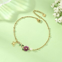 Golden Natural Ruby Beaded Flower Link 304 Stainless Steel Cable Chain Anklets with Natural Pearl for Women, Golden, 8-1/2 inch(216mm)