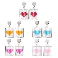 (52) Непрозрачная лаванда Серьги-гвоздики с подвесками в форме сердца из квадратного стеклянного бисера ручной работы, цвет нержавеющей стали, разноцветные, 33.5x20.5 мм