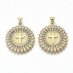 Real 16K Gold Plated Brass Micro Pave Clear Cubic Zirconia Pendants, Nickel Free, with Snap on Bails, Flat Round with Cross, Real 16K Gold Plated, 28x25.5x2.5mm, Hole: 3.5x5mm