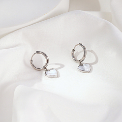 Серебро Стильные серьги-кольца из нержавеющей стали в форме сердца, серебряные, 9.54x10.6 мм
