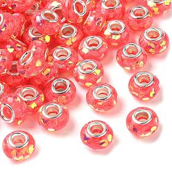 Помидор Прозрачные европейские бусины-рондель из смолы, с пайетками в форме сердца и латунными сердечниками платинового тона, бусины с большим отверстием, помидор, 14x8.5 мм, отверстие : 5 мм