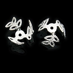 Серебро 3-лепесток крышки латунь цветок шарик, причудливые шапочки для бус, серебряный цвет гальваническим, 6.5x10 мм, отверстие : 1 мм