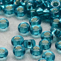 Dark Turquoise 6/0 Grade A Round Glass Seed Beads, Silver Lined, Dark Turquoise, 6/0, 4x3mm, Hole: 1mm, about 4500pcs/pound