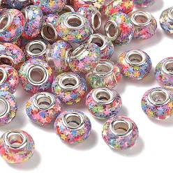 Разноцветный Прозрачные европейские бусины-рондель из смолы, со звездчатыми пайетками и латунными сердечниками платинового тона, бусины с большим отверстием, красочный, 14x8.5 мм, отверстие : 5 мм