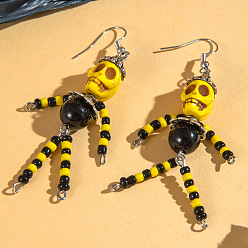 Желтый Серьги-подвески из сплава, акрила, смолы и стекла на Хэллоуин, череп, платина, желтые, 75x45 мм