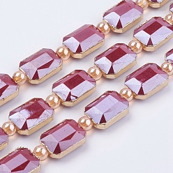 Темно-Красный Непрозрачное стекло бисер нитей, с латунной фурнитурой , гальваническое покрытие, граненые, прямоугольные, золотые, темно-красный, 13x18x7 мм, отверстие : 1 мм, около 10 шт / нитка, 9 дюйм (23 см)