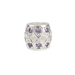 Серебро Полая стойка для бочки покрытие латунь кубический цирконий европейские бусины, бусины с большим отверстием, долговечный, серебряные, 8x7.5 мм, отверстие : 4 мм