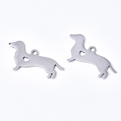 Stainless Steel Color Tarnish Resistant 304 Stainless Steel Pendants, Silhouette Charms, Laser Cut, Sausage Dog/Dachshund, Stainless Steel Color, 16x30x1.5mm, Hole: 2mm