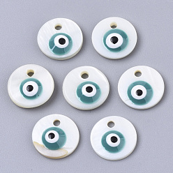 Dark Cyan Natural Freshwater Shell Charms, with Enamel, Flat Round with Evil Eye, Dark Cyan, 10x3mm, Hole: 1mm