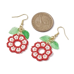 Red Handmade Seed Beads Dangle Earrings, Flower and Leaf, Red, 53.5x24mm
