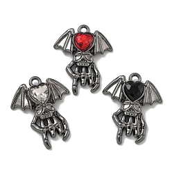 Черный Цвет Металла Стойки обшивки кулон сплава, со стеклом, без свинца, без кадмии и без никеля, крыло, металлический черный , 24.5x20x6 мм, отверстие : 1.8 мм