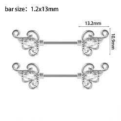 Бабочка 304 Кольца для сосков из нержавеющей стали с прозрачным кубическим цирконием, булавки для пирсинга сосков, цвет нержавеющей стали, бабочка, 10.9x13.2 мм, штифты : 13x1.2 мм