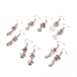 Аметист Серьги с подвесками из натурального аметиста, длинные серьги-капли для женщин из латуни с морской тематикой, разнообразные, античное серебро, 50~55 мм, штифты : 0.7 мм