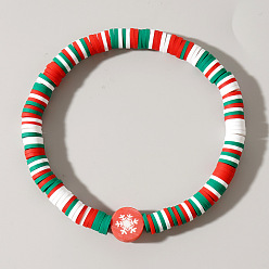 Разноцветный Рождественские браслеты из полимерной глины в стиле хейши и акриловых бусин, эластичные, для женщин., плоские круглые со снежинкой, красочный, 6.89 дюйм (17.5 см)