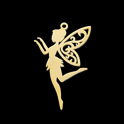 Золотой 201 подвески из нержавеющей стали, лазерная резка, фея, золотые, 41x25x1 мм, отверстие : 1.8 мм