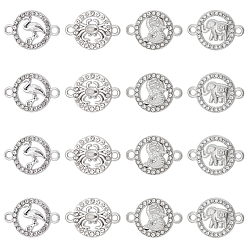 Платина 32 шт. 4 стили сплава кристаллы стразы разъем подвески, плоские круглые ссылки, платина, 16~23x16~23x2.5~3 мм, отверстие : 1.8~2.5 мм, 8 шт / стиль