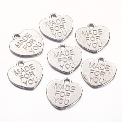 Platinum Tibetan Style Alloy Charms, Heart with Word MADE FOR YOU, Lead Free & Cadmium Free, Platinum, 16x15x1mm, Hole: 2mm