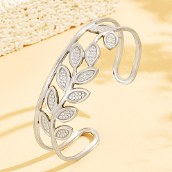 Stainless Steel Color 304 Stainless Steel Hollow Leaf Open Cuff Bangles for Women, Tarnish Free, Stainless Steel Color, Inner Diameter: 2.36 inch(6cm)