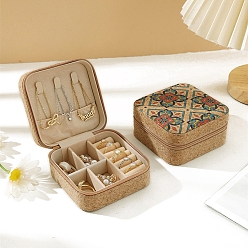 Цвет Древесины Пробковая шкатулка для драгоценностей, бархатом внутри, коробка для хранения ожерелья и сережек для путешествий, квадратные с цветком, деревесиные, 10x10x5 см