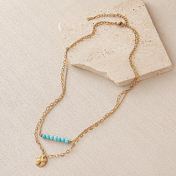 Turquesa Sintético 304 Collares de doble capa con colgante de moneda texturizada de acero inoxidable, Collares redondos facetados de turquesa sintética para mujer, real 18 k chapado en oro, 15.75 pulgada (40 cm)