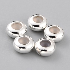 Посеребрённый Латунные бусины, с резиной внутри, ползунки, долговечный, рондель, 925 серебро покрытием, 7x3.5 мм, резиновое отверстие: 1.2 мм