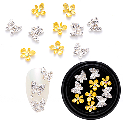 Platinum & Golden Alloy Rhinestone Cabochons, Nail Art Decoration Accessories, Flower & Butterfly, Platinum & Golden, 7x7.5x2mm & 8x7x2mm, 10pcs/box
