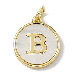 Letter B Латунный паве натуральный ракушка плоский круглый с буквенными подвесками, реальный 18 k позолоченный, долговечный, без свинца и без кадмия, стойки покрытие, цвет морской раковины, В письме, 15x13x2 мм, отверстие : 3 мм