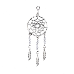 Rauch weiss Antikes Silber überzogene große Anhänger-Legierung, mit facettierten Glasperlen und Messingfederringverschlüssen, gewebtes Netz mit Feder, Rauch weiss, 82 mm