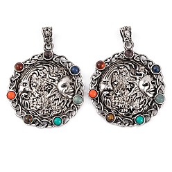 Античное Серебро Подвески из натурального тигрового глаза чакры, натурального лазурита, натурального сердолика, синтетической бирюзы и стекла, подвески из сплава луны и солнца с покрытием стойки, долговечный, без свинца и без кадмия, античное серебро, 45x39x5 мм, отверстие : 6x4 мм