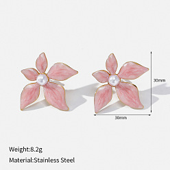 Pink 304 aretes esmaltados de acero inoxidable para mujer, flor, con perlas de imitación, dorado, rosa, 30x30 mm
