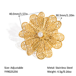 Настоящее золото 18K 304 открытые манжеты из нержавеющей стали, цветок, с имитацией жемчуга, реальный 18 k позолоченный, 40 мм, внутренний диаметр: регулируемый