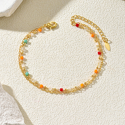 Colorful Brass Glass Double Layer Beach Anklets for Women Summer Casual Sandal Jewelry, Golden, Colorful, 8-1/4 inch(210mm)