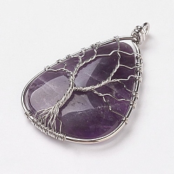 Amethyst Brass Natural Amethyst Big Pendants, teardrop, Platinum, 60~64x36~39x9~14mm, Hole: 2~4x6~7mm