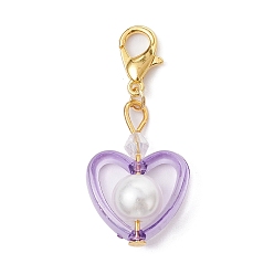 Couleur Mélangete Décorations pendentifs coeur en acrylique et perles de verre, avec alliage homard fermoirs pince, couleur mixte, 35mm