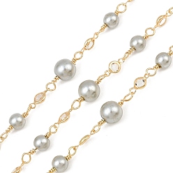 Gray Rack Plating Brass & Round ABS Imitation Pearl & Glass Beaded Link Chains, Soldered, Light Gold, Gray, 2000x8mm