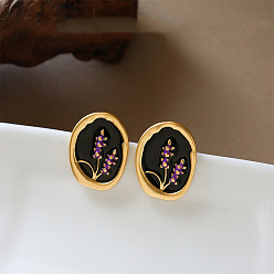 Noir Boucles d'oreilles puces ovales en laiton émaillé et fleur, avec une épingle en argent sterling, or, noir, 925mm