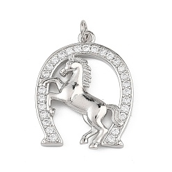 Платина Латунные микропаве прозрачные подвески с фианитом, подкова с конскими оберегами, платина, 28.5x22.5x2.5 мм, Перейти кольцо: 5x1 мм, 3 мм внутренним диаметром