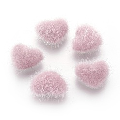 Pink Faux Mink Fur Covered Cabochons, with Alloy Bottom, Heart, Silver Color Plated, Pink, 14x17x6.5mm