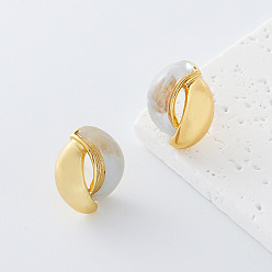 Blanco 304 Pendientes de botón de acero inoxidable y resina para mujer, dorado, blanco, 23x35 mm
