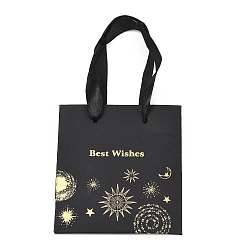 Черный Бумажные сумки-шопперы с ручками и золотым тиснением в виде планеты, прямоугольные прочные сумки для хранения покупок, чёрные, 21 см, мешок: 12x11x6 см